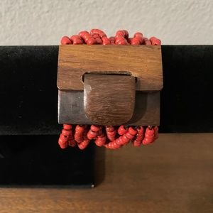 Multi Strand Red Bead with Wood Bracelet